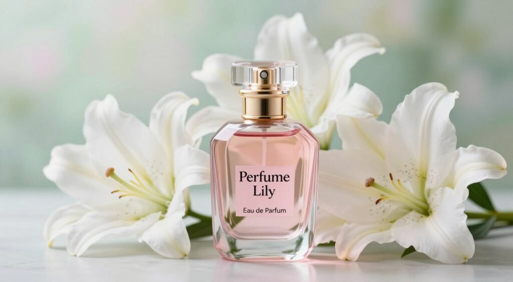 A beautifully arranged product shot of "Perfume Lily Eau de Parfum" by O Boticário. The foreground features an elegant glass bottle of perfume, adorned with soft pink and gold accents, reflecting light beautifully. In the middle, a cluster of fresh white lilies surrounds the bottle, adding a touch of sophistication and floral elegance to the composition. The background is softly blurred, showcasing a dreamy pastel color palette with hints of soft greens and whites, evoking a serene atmosphere. Soft, natural lighting gently highlights the curves of the bottle and the delicate petals of the lilies, creating an inviting and romantic mood. The camera angle is slightly elevated, focusing on the perfume while capturing the beauty of the flowers, ensuring a harmonious and aesthetically pleasing image.