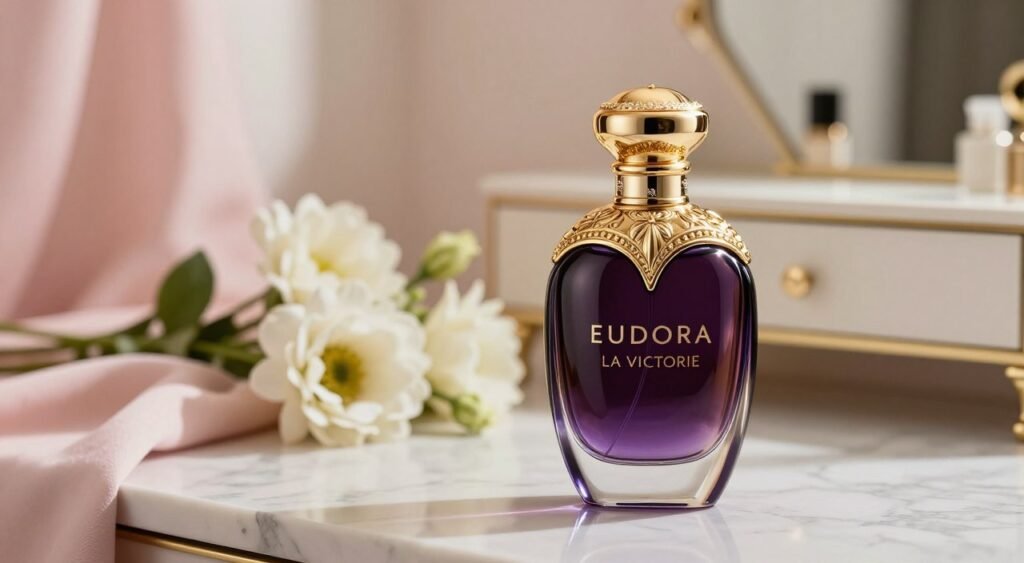 A luxurious bottle of Eudora La Victorie Intense perfume, elegantly displayed in the foreground on a polished marble surface. The bottle is adorned with intricate golden details and a rich, dark purple liquid inside, reflecting the opulence and intensity of the fragrance. Soft, diffused light illuminates the scene, creating a warm and inviting atmosphere. In the middle ground, a delicate arrangement of fresh flowers and soft fabric adds a touch of sophistication, while a blurred backdrop includes hints of a stylish vanity with soft pastel colors and gentle shadows, suggesting a serene, upscale environment. The overall mood is one of elegance and charm, inviting viewers to explore the essence of this exquisite fragrance.