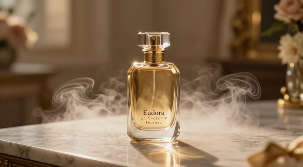 A luxurious bottle of "Eudora La Victorie Intense" perfume sits elegantly on a polished marble surface, capturing the light to reveal its intricate details. The bottle, with its sleek, modern design and gold accents, reflects sophistication and exclusivity. Surrounding the bottle are soft, wispy clouds of delicate perfume mist, hinting at the fragrance's richness and allure. In the background, a blurred, elegant setting features hints of luxurious fabrics and subtle floral arrangements, creating an atmosphere of opulence and serenity. Warm, golden hour lighting bathes the scene, enhancing the reflective quality of the glass and evoking a sense of warmth and intimacy. This image should convey a mood of elegance, making it a perfect visual representation of fragrance longevity and fixation on the skin.