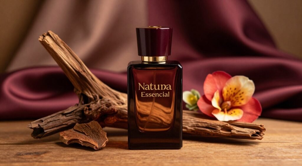 A beautifully arranged display of Natura Essencial Oud Feminino perfume bottle at the forefront, with its sleek, elegant design featuring a deep burgundy hue and gold accents. Surrounding the bottle are delicate Oud wood pieces and vibrant floral elements, emphasizing the luxurious and natural essence of the fragrance. In the background, softly blurred rich textures such as silk fabric and warm wooden surfaces enhance the opulent feel. The lighting is warm and inviting, highlighting the bottle with a gentle shine, while creating soft shadows that evoke a sense of intimacy and sophistication. The mood is serene and elegant, perfect for illustrating the advantages and disadvantages of this feminine scent.