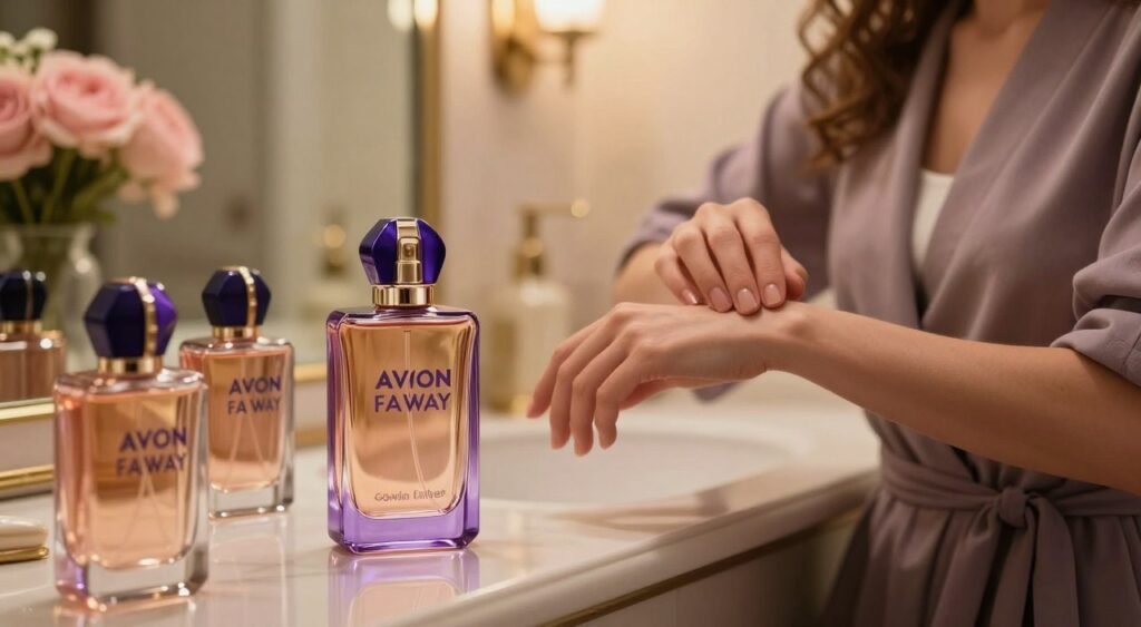 A beautifully arranged display of the Avon Far Away perfume bottle, prominently positioned in the foreground. The bottle has an elegant, slightly curved silhouette with a luxurious gold and purple design that glimmers softly under warm, ambient lighting. In the middle ground, a stylish, well-dressed woman is demonstrating the application of the perfume on her wrist, showcasing a gentle and graceful motion. She is wearing a chic, modest outfit suitable for a casual day out. The background features a softly blurred vanity with soft pink flowers and a mirror reflecting the serene atmosphere, hinting at a luxurious bathroom setting. The overall mood is inviting and elegant, evoking a sense of sophistication and femininity. The image should capture the essence of how to properly apply the fragrance, with a focus on beauty and self-care rituals.