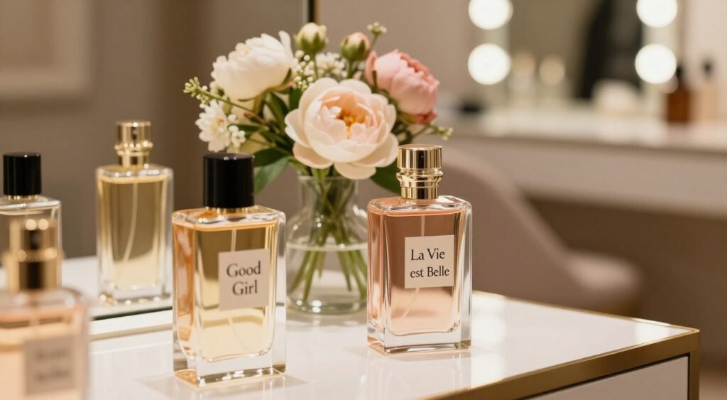 A beautifully arranged perfume display featuring two elegant bottles representing "Good Girl" and "La Vie Est Belle". In the foreground, focus on the intricate details of the perfume bottles, showcasing their unique designs with soft reflective surfaces that capture ambient light. The middle section includes a delicate, feminine bouquet of flowers, like roses and peonies, symbolizing the essence of women's fragrances. In the background, introduce a softly blurred setting that resembles a chic, modern dressing table with warm, inviting lighting, suggesting a serene, luxurious atmosphere. The overall mood should inspire a sense of sophistication and allure, suitable for various occasions, creating a feeling of elegance and timeless beauty. Use a shallow depth of field to enhance the focus on the perfume bottles.