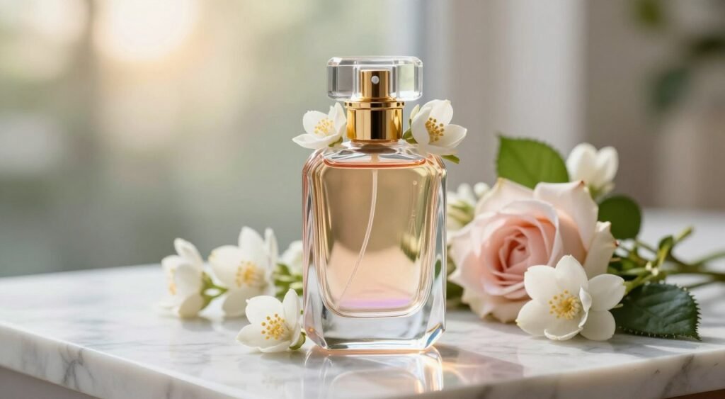 A beautifully designed perfume bottle featuring a sleek, modern silhouette made of crystal glass, reflecting light in a stunning array of colors. The bottle is elegantly capped with a golden topper, surrounded by delicate floral decorations such as roses and jasmine, symbolizing the essence of femininity. In the foreground, the perfume bottle is set on a polished marble surface that adds a luxurious touch. In the middle, a soft-focus arrangement of fresh flowers complements the bottle, creating a vibrant and inviting atmosphere. The background consists of a blurred outdoor setting with gentle sunlight filtering through, enhancing the warm, inviting mood. The overall ambiance conveys sophistication and choice, ideal for highlighting a recommendation for perfume selection. Use a shallow depth of field for emphasis and soft natural lighting for an alluring effect.
