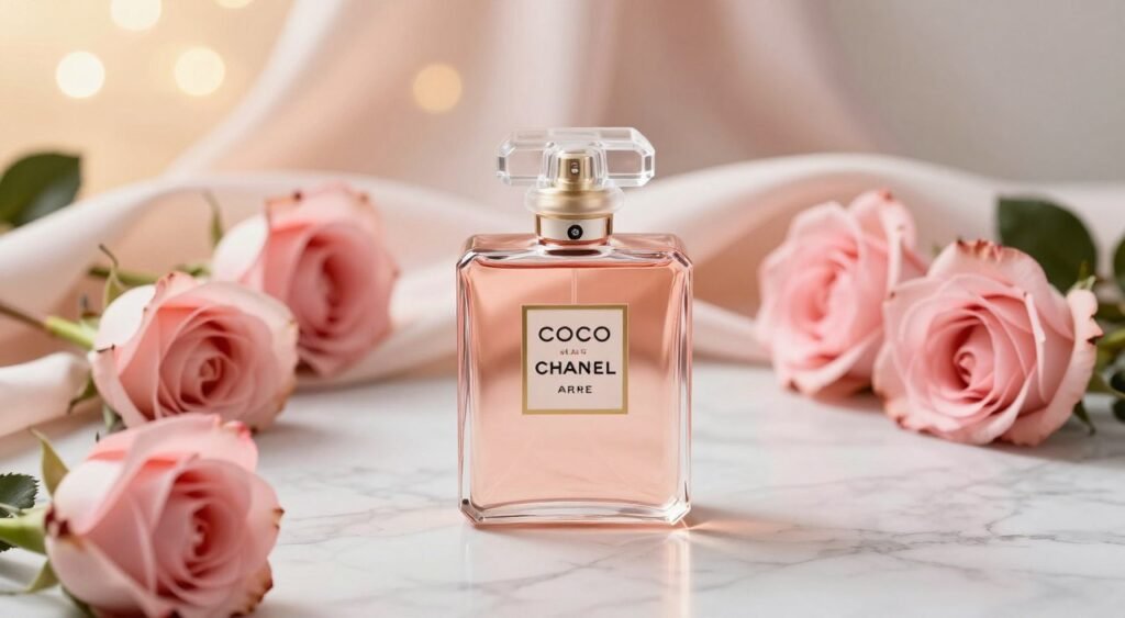 A beautifully styled flat lay image showcasing a bottle of Chanel Coco Mademoiselle perfume sitting elegantly on a marble surface. The perfume bottle's iconic silhouette and color should stand out, reflecting its luxurious branding with detailed engravings. Surrounding the bottle, include delicate pink roses and soft silk fabric draping gently, enhancing the feminine allure of the fragrance. In the background, a subtle bokeh effect with warm golden lighting creates a dreamy atmosphere. Use a shallow depth of field to keep the focus on the perfume while softening the background. The overall mood should evoke sophistication and elegance, ideal for a perfume comparison setting. Ensure no text or logos are visible within the image.