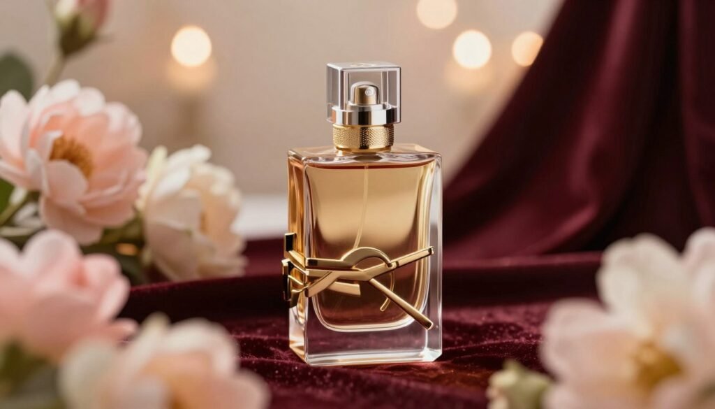 A chic, elegant display of a luxury imported perfume bottle, positioned prominently in the foreground. The bottle features a sleek, modern design with intricate detailing and a shimmering cap that catches the light, reflecting shades of gold and silver. Surrounding the bottle, a soft, delicate floral arrangement in pastel colors enhances the allure of the fragrance. In the middle ground, a subtle texture of velvet in deep burgundy adds sophistication, while the background fades into a gentle bokeh effect of warm, soft lights to create a dreamy, luxurious atmosphere. The scene is illuminated by soft, diffused lighting to evoke a sense of calm and elegance. The angle is slightly elevated, showcasing the perfume bottle as the focal point of this opulent setting.