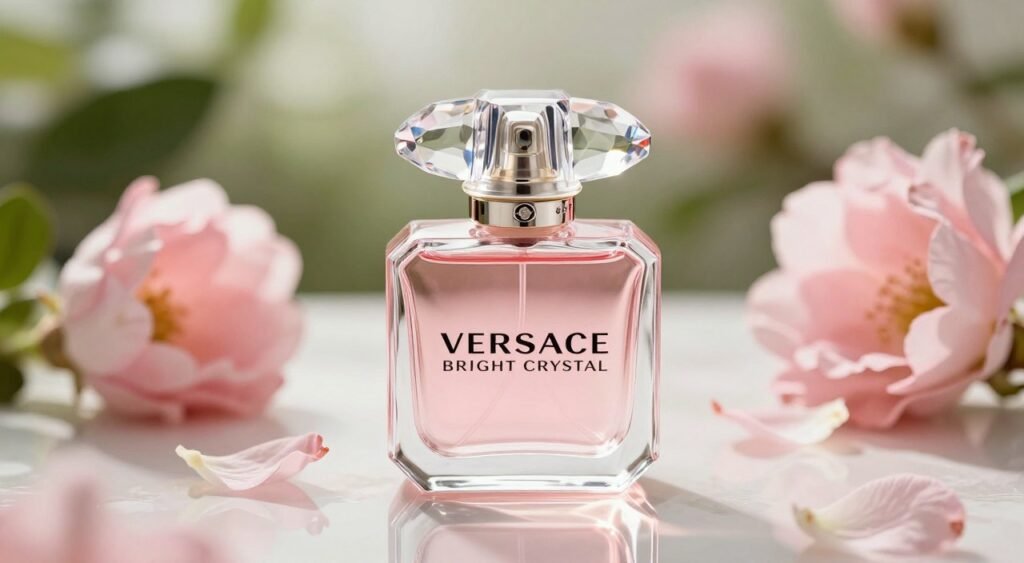 A close-up image of a beautifully designed Versace Bright Crystal perfume bottle, elegantly placed on a luxurious, reflective surface that showcases its intricate details. The bottle features a faceted crystal cap that sparkles in soft, ambient lighting, creating a warm glow. Surrounding the bottle are delicate petals of fresh pink flowers, enhancing the fragrance’s floral notes. In the background, a hint of lush greenery and soft-focus elements suggest a serene environment, evoking a sense of freshness and elegance. The composition is captured with a shallow depth of field, emphasizing the perfume bottle while softly blurring the background, creating a dreamy and sophisticated atmosphere. The overall mood is refined and inviting, inviting the viewer to experience the essence of the Versace Bright Crystal perfume.