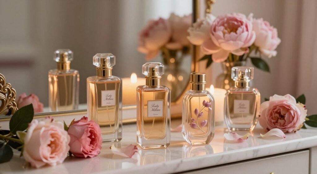 A luxurious arrangement of sweet feminine perfumes displayed elegantly on a marble vanity. In the foreground, various perfume bottles with intricate designs—some are gold and glass, while others are floral-shaped—stand beside delicate roses and peony petals, evoking a romantic ambiance. The middle ground features a softly glowing candle, adding warmth to the setting. In the background, a gentle bokeh effect lights up the elegantly draped fabric, creating an ethereal backdrop. The scene is illuminated with soft, diffused lighting to emphasize the colors and textures of the perfume bottles and flowers, with a focus on a warm, inviting atmosphere. The overall mood combines sophistication and sweetness, reflecting the essence of 'Lady Million' perfume.