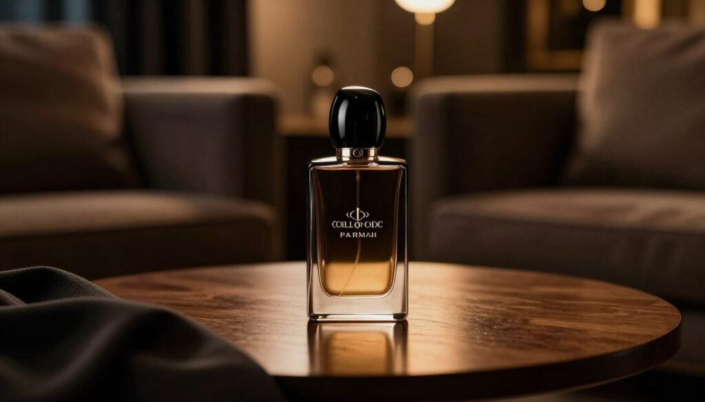 A luxurious bottle of Armani Code Parfum sits elegantly on a polished wooden table, reflecting the light with its sleek black and gold design. In the foreground, soft fabric drapes gently, adding depth to the composition. The background features a dimly lit, sophisticated lounge with plush seating, creating a sense of intimacy and allure. Warm, ambient lighting casts a gentle glow, highlighting the bottle and enhancing the air of modernity and mystery. The atmosphere is inviting yet enigmatic, perfectly encapsulating the essence of a contemporary fragrance designed for memorable encounters. The focus is on the perfume bottle, artfully positioned to convey elegance and charisma without any human figures present.