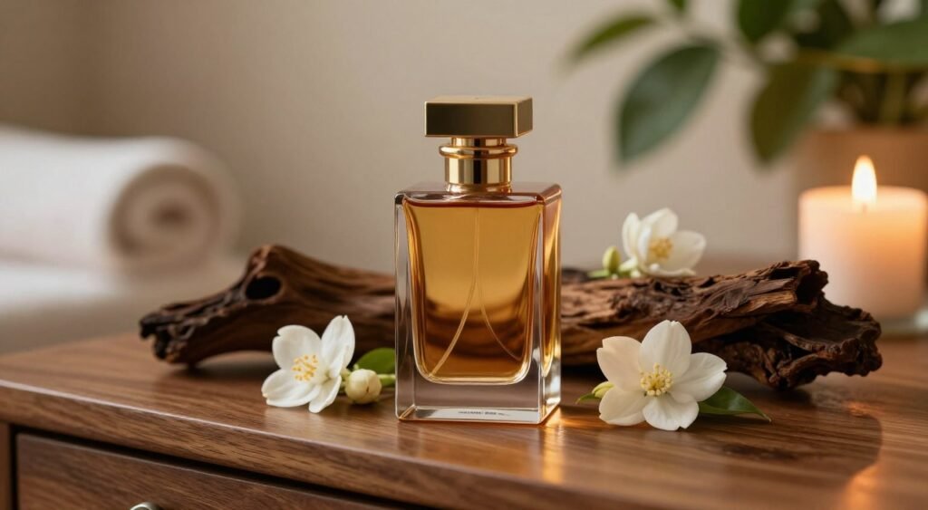 A luxurious bottle of Natura Essencial Oud Feminino perfume sitting elegantly on a polished wooden vanity. The bottle, with its stunning geometric design, showcases rich amber tones, reflecting soft golden light. Flanking the bottle are delicate white jasmine flowers and deep, dark oud wood pieces, adding a touch of nature. In the background, a softly blurred spa-like ambiance with gentle candles flickering and a hint of lush greenery creates a serene atmosphere. The scene is illuminated by warm, diffused lighting that enhances the inviting and sophisticated mood. Capture this image from a slightly elevated angle to emphasize the perfume's elegance and the organic elements around it, evoking a sense of luxury and tranquility.