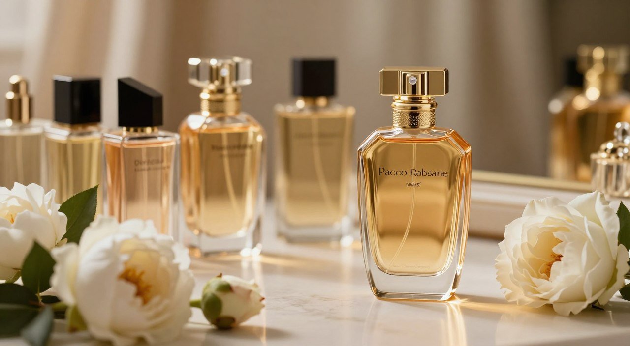 A luxurious display of premium women's perfumes, featuring the iconic Pacco Rabanne Lady Million bottle as the focal point. Set in an elegant, softly lit vanity, the perfume bottle gleams with its golden hues, accompanied by delicate floral arrangements featuring white roses and peonies in the foreground. In the middle, softly blurred, is an array of other imported fragrances, each with unique and artistic bottle designs reflecting sophistication. The background shows a warm, inviting ambiance with a hint of luxurious fabric draping, enhancing the mood of elegance. The lighting is soft and diffused, casting gentle highlights on the bottles to create an atmosphere of luxury and allure. The image captures the essence of quality and cost-effectiveness in premium perfumes.