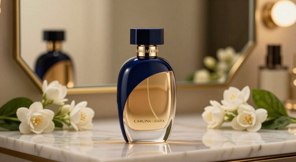 A luxurious display of the Good Girl perfume by Carolina Herrera, elegantly placed on a polished marble surface. The bottle, shaped like a feminine stiletto, gleams softly under warm golden lighting. In the foreground, focus on the intricate design of the bottle, showcasing its deep blue and golden accents. The middle ground features lush, fragrant flowers like jasmine and tuberose, hinting at the perfume's notes. In the background, a blurred silhouette of a modern vanity with a chic mirror reflects the luxurious atmosphere. The overall mood is sophisticated and inviting, evoking a sense of confidence and allure, perfect for a perfume review. Ensure the ambiance is elegant and professional, with soft bokeh effects enhancing the aesthetic.