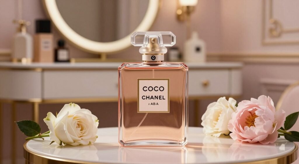 A sophisticated setting showcasing a bottle of Chanel Coco Mademoiselle perfume as the central focus. In the foreground, the iconic glass bottle, elegantly shaped with a sleek design, captures the soft evening light, reflecting its luxurious allure. Surrounding the bottle, delicate floral accents, such as white roses and soft pink peonies, add a fresh and feminine touch. In the middle ground, a chic, minimalistic vanity table with subtle gold accents enhances the elegance. The background features a softly blurred, opulent room with muted pastel tones and hints of luxury decor, creating an inviting atmosphere. The lighting is warm and inviting, evoking a sense of comfort that suggests ideal occasions for wearing the fragrance. The overall mood is refined and celebratory, perfect for showcasing Chanel Coco Mademoiselle’s essence.