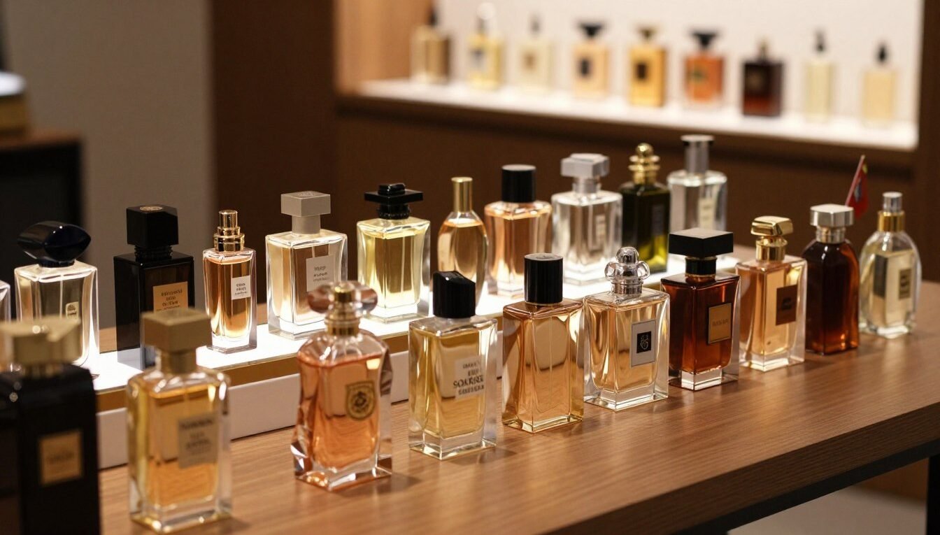 A stylish, elegant display of men's perfumes, showcasing both imported and domestic brands, arranged on a sleek wooden table. In the foreground, a variety of intricately designed glass bottles with unique shapes and colors, reflecting light softly. In the middle ground, a subtle differentiation between the imported and national perfumes can be seen, perhaps with a small flag or emblem subtly incorporated next to each type to signify their origins. The background features a softly blurred shelf with more perfume choices, enhancing a luxurious atmosphere. The scene is lit with warm, inviting lighting that creates a sophisticated, intimate mood, suitable for an evening occasion. The angle is slightly above eye level, giving a clear view of the bottles while maintaining an air of elegance and allure.