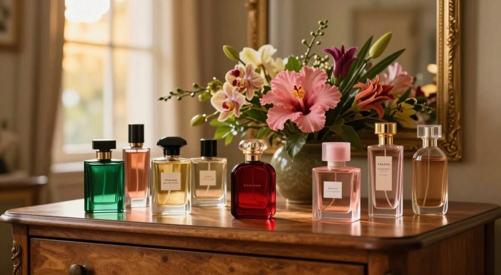 A stylish, elegant display of women’s national perfumes on a wooden dresser. In the foreground, several beautifully designed perfume bottles in various shapes and sizes, showcasing rich, vibrant colors like emerald green, deep red, and soft pink. The middle layer features a chic floral arrangement of Brazilian flora—such as orchids and hibiscus—adding a touch of nature to the composition. In the background, a softly blurred window allows warm, golden sunlight to filter in, creating a warm, inviting atmosphere. The setting is tastefully decorated, evoking a sense of sophistication and warmth. Capture the mood of luxury and personal choice while ensuring the overall scene is harmonious and aesthetically pleasing.