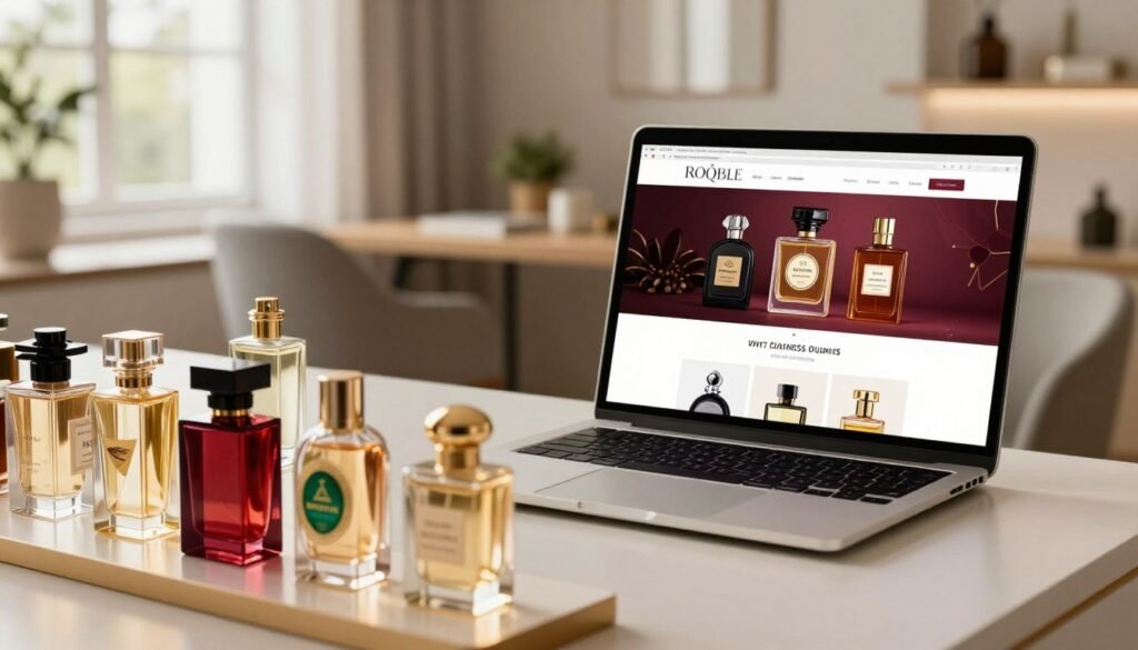A vibrant online perfume shop scene, showcasing a beautifully arranged display of elegant perfume bottles in various shapes and sizes in the foreground. The perfumes should include rich colors—gold, ruby, emerald—with intricate designs. In the middle ground, a sleek laptop is open, displaying the perfume shop’s website, radiating a soft glow that conveys the online shopping experience. The background features a stylish home office setup with modern decor, softly lit by warm, natural light streaming through a window, creating an inviting atmosphere. The overall mood should be sophisticated yet accessible, appealing to fragrance enthusiasts seeking reliable online options in Brazil.
