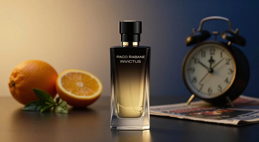 A visually striking and well-composed image representing the pros and cons of the Paco Rabanne Invictus fragrance. In the foreground, a sleek, modern bottle of Invictus, with its distinctive shape and metallic accents, is artfully displayed on a polished surface. To the left, a subtle, soft-focus representation of vibrant citrus fruits and aromatic herbs symbolizes the fragrance's fresh and lively notes. To the right, darker, muted elements like a vintage clock or a faded magazine page illustrate potential drawbacks or critiques, such as over-commercialization. The background is an elegant gradient, transitioning from a warm golden hue to a cool navy blue, evoking a balanced atmosphere of luxury and contemplation. The lighting should be soft yet focused, with a gentle spotlight on the bottle, enhancing its allure while maintaining clarity throughout the image.