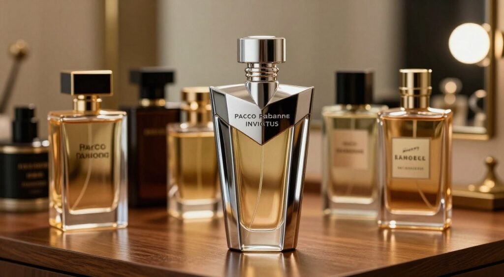 A visually striking comparison of men's perfumes, prominently featuring Pacco Rabanne Invictus at the forefront—a sleek, modern bottle with bold lines and a shiny, reflective metallic surface. Surrounding it, place elegant, well-designed bottles of other popular masculine fragrances, arranged artfully on a polished wooden surface. The background features a softly blurred, luxurious setting with hints of a stylish dressing table and gentle ambient lighting that casts warm tones. The composition should evoke a sense of sophistication and allure, with a focus on the unique colors and shapes of the perfume bottles. Use a shallow depth of field to emphasize the foreground while creating an inviting atmosphere that reflects the world of high-end fragrances.