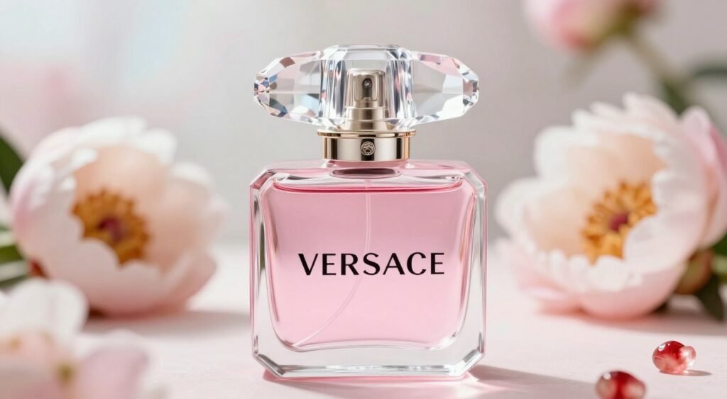 An elegant bottle of Versace Bright Crystal perfume, prominently displayed in the foreground, featuring its iconic faceted crystal cap and soft pink liquid. The mid-ground includes delicate floral elements like peonies or pomegranates, subtly suggesting the fragrance notes. The background is a soft, ethereal blur with pastel colors that evoke a luxurious, feminine atmosphere. Daylight softly illuminates the scene, casting gentle reflections on the glass bottle, enhancing its opulence. A shallow depth of field focuses on the perfume, creating a dreamy bokeh effect, inviting the viewer into the world of high-end fragrance. The overall mood is sophisticated and fresh, capturing the essence of Versace's Bright Crystal.