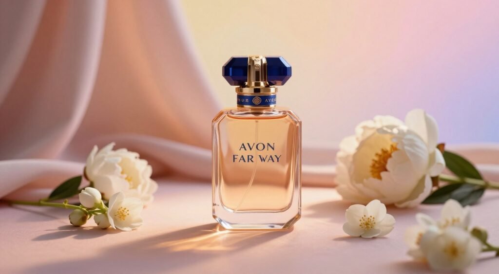 Create an elegant still life composition centered around a luxurious bottle of Avon Far Away perfume, placed on a soft, reflective surface. In the foreground, showcase the ornate bottle with intricate details and a warm golden hue, illuminated with soft, romantic lighting to evoke a feeling of allure. Around the bottle, scatter delicate flowers, such as jasmine and peonies, enhancing the theme of fragrance and femininity. In the middle ground, include subtle hints of warm pastel fabric draping gently, with a soft-focus effect for a dreamy atmosphere. In the background, incorporate a soft gradient of pastel colors that evoke tranquility and sophistication. The overall mood should be serene, inviting, and reflective of the perfume's enchanting essence, making it perfect for readers drawn to the allure of Avon Far Away.