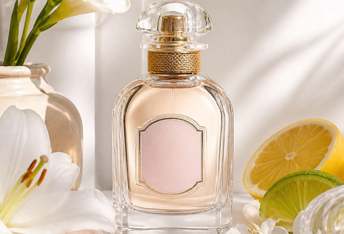 Frasco de perfume de vidro com flores brancas, limão e lima ao redor, em composição luminosa