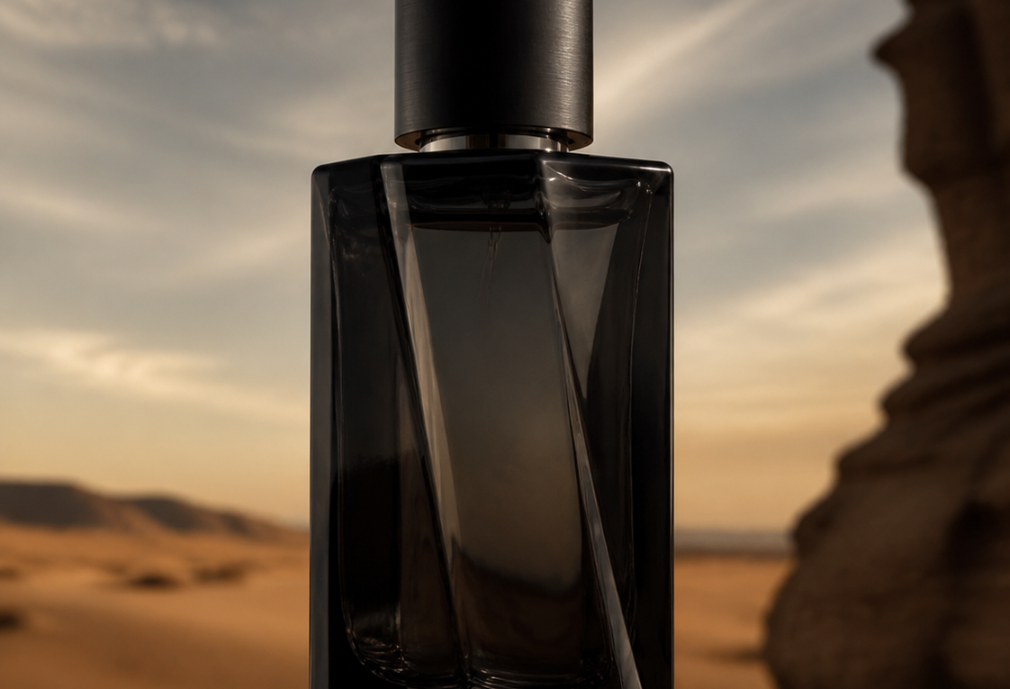 Frasco de perfume preto sobre uma pedra, com fundo de deserto ao pôr do sol