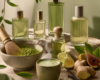 Frascos de cosméticos naturais, tigela com pó verde e batedor de bambu, chá, limão, gengibre, figo e baunilha sobre mesa