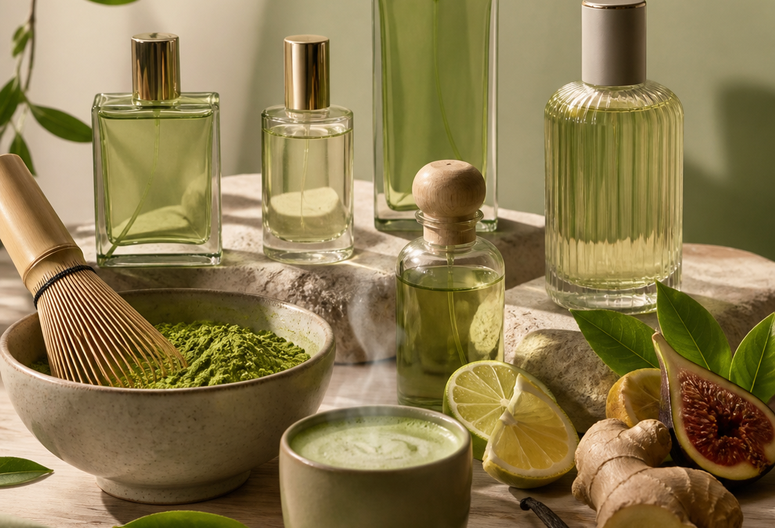 Frascos de cosméticos naturais, tigela com pó verde e batedor de bambu, chá, limão, gengibre, figo e baunilha sobre mesa